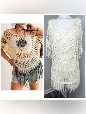 RUE21 Crochet Fringe Boho Tunic Sweater in Cream-XL